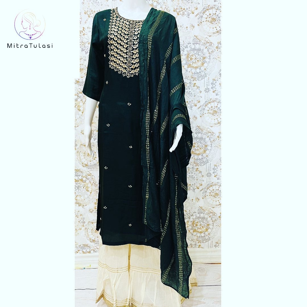 Bottle green silk Kurti set